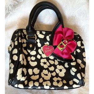 Betsey Johnson Mini Purse Top handle Black White Animal Print Pink Bow Heart